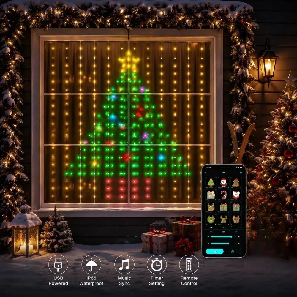 Smart Home Decor - LEDピクセルカーテンライト Bluetoothアプリ制御 RGBスマートストリングライト DIY窓飾り ホームパーティー用