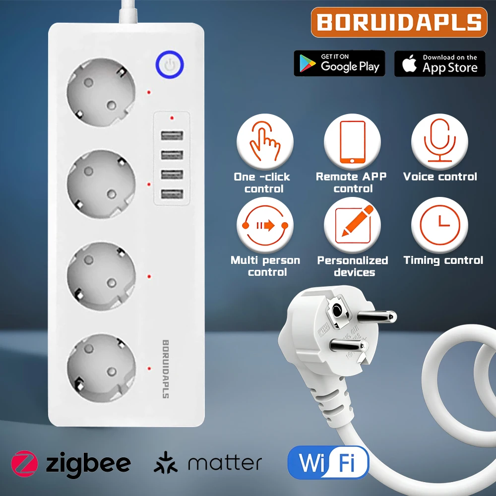 Smart Home Or Smart Home - BORUIDAPLS ZigBee Matter WiFiスマート電源タップタイマー音声ソケットリモコン（Tuya、Google Home、Apple Home、Alexa対応）コンセント