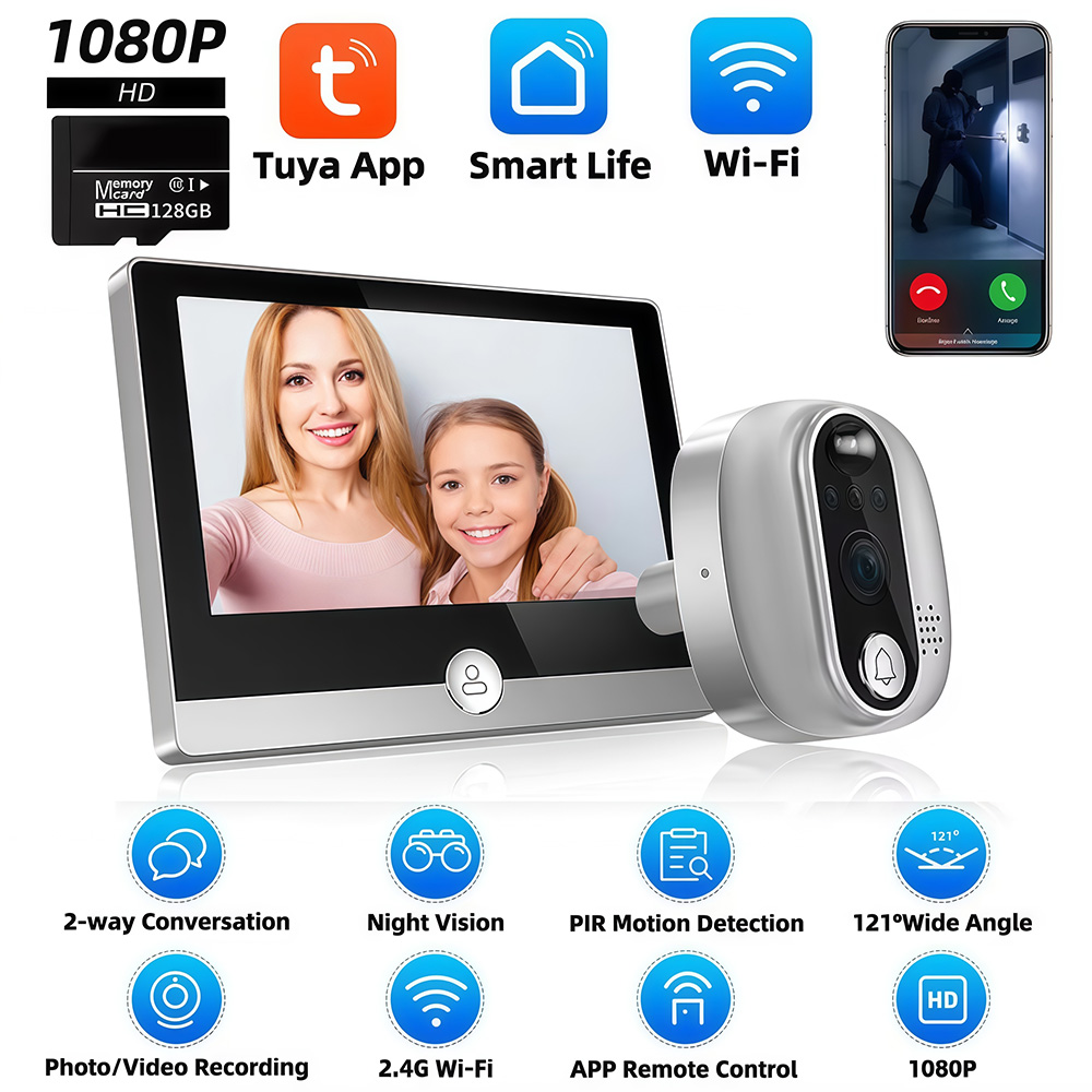 Smart Home Wiser - Tuya-デジタルドアビューアー,インターホン,のぞき穴,pirモーション検出器,wifi,ドアベルカメラ,Google alexa,スマートライフビデオ,1080p