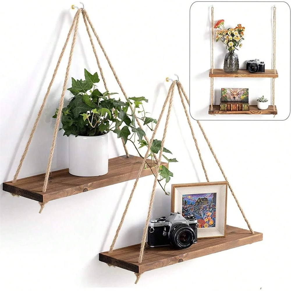 Smart Home Decor - 木製吊り棚1セット、スイング式麻縄壁掛け棚、フローティングホームリビングルーム、植物、植木鉢、トレイ収納
