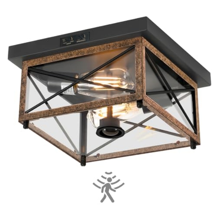Motion Sensor Light - モーションセンサー付き屋外シーリングライト、屋外用フラッシュマウントポーチシーリングライト、2灯式ファームハウスメタル天井に近い位置に設置できるライト