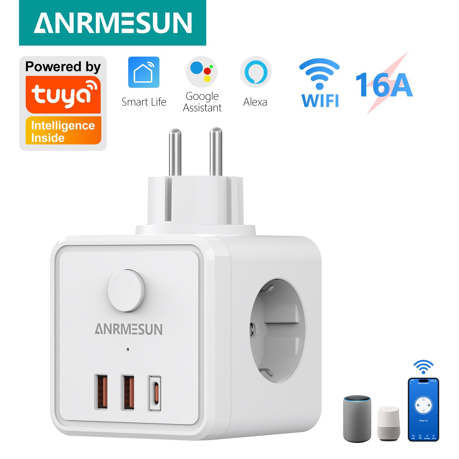 Smart Home Or Smart Home - 3 EUプラグ 2 USB-A 1 Type-Cポート充電プラグ