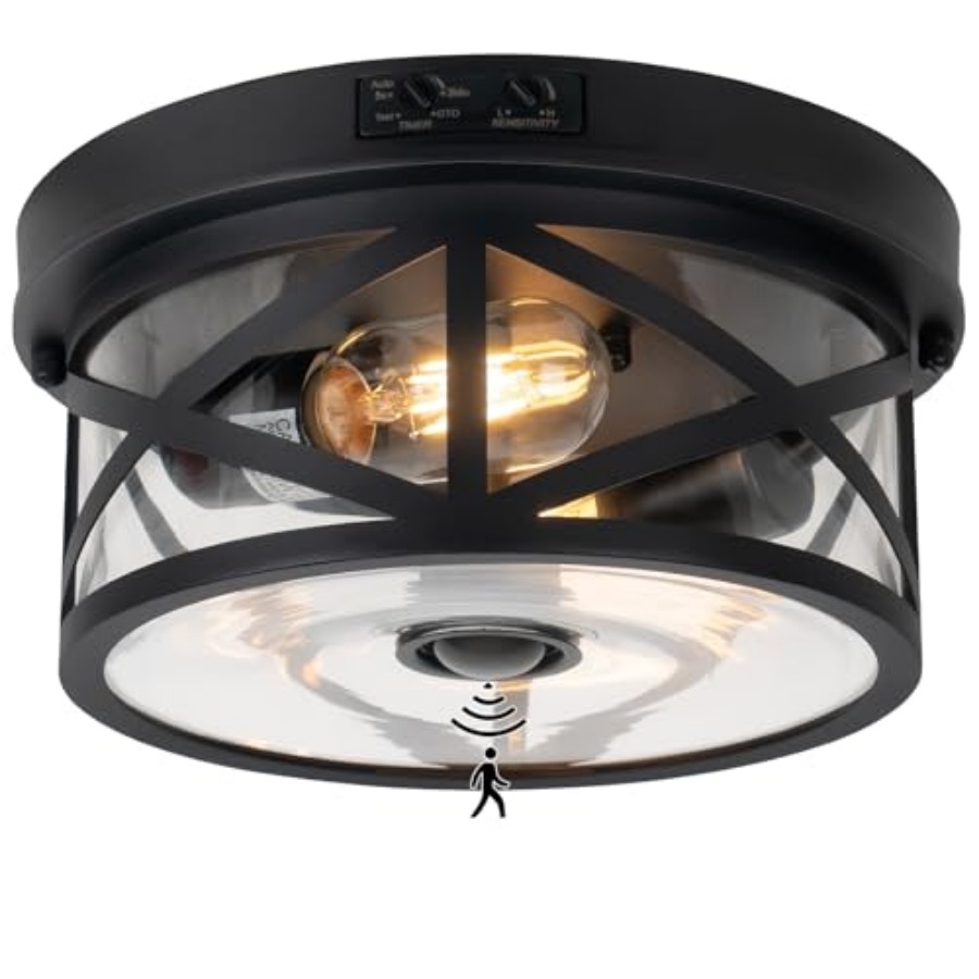 Motion Sensor Light - モーションセンサー屋外天井照明、調節可能な黒色フラッシュマウント照明器具、2灯式ポーチライト屋外用、透明ガラスインダクションライト
