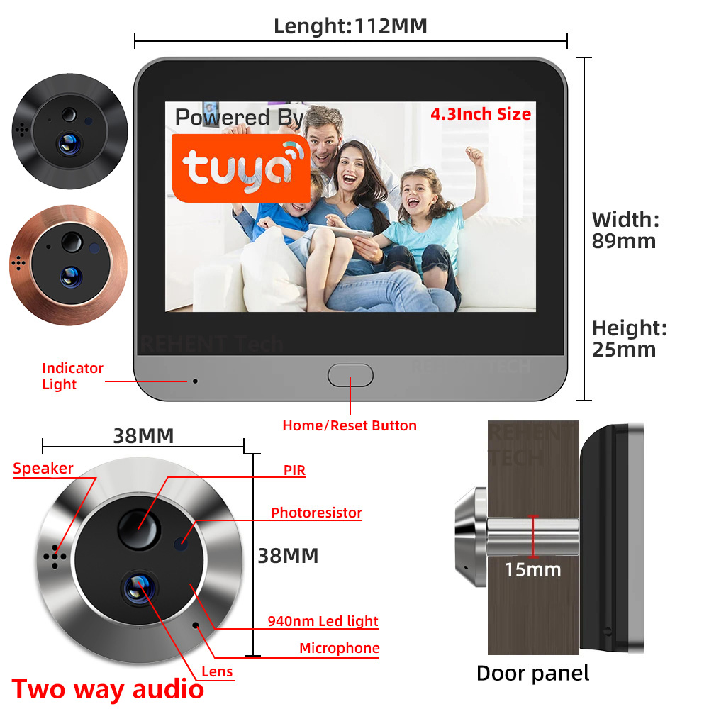 Smart Home Wiser - ミニ双方向音声通話機能付き3MP Tuya SmartLifeアプリ対応WiFiデジタルドアビューアー、赤外線940NMナイトビジョンPIRカメラ、広視野