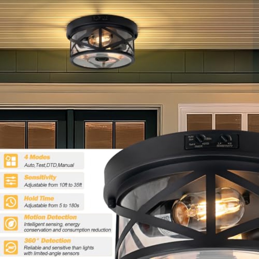 モーションセンサー屋外天井照明、調節可能な黒色フラッシュマウ - Motion Sensor Light のレビューと価格